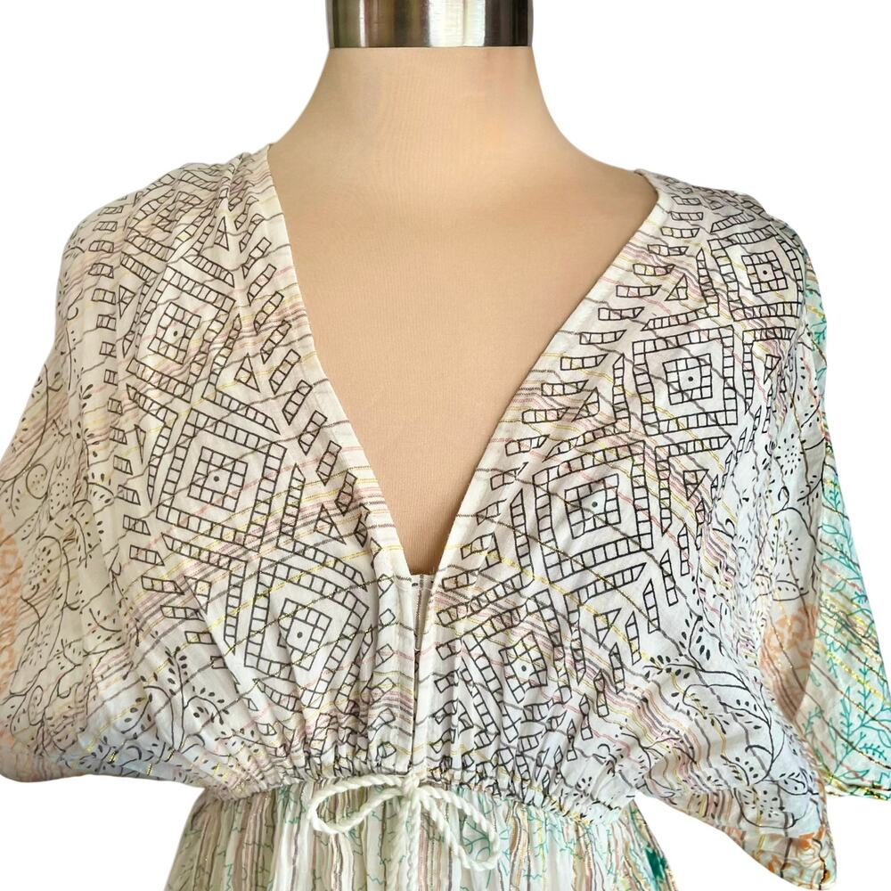 World Market Kaftan Maxi Dress Cream Multicolor Tribal Floral Pattern Size S/M - Picture 4 of 15